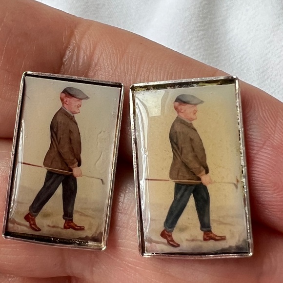 VINTAGE ENGLISH BRITISH STERLING MENS CUFFLINKS GOLFER GOLF LOVER ONE OF A KIND